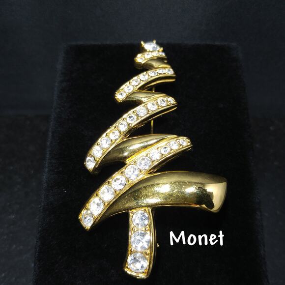 Vintage Monet Gold Christmas Tree Brooch, Modernist Design, Book Piece - Picture 1 of 10